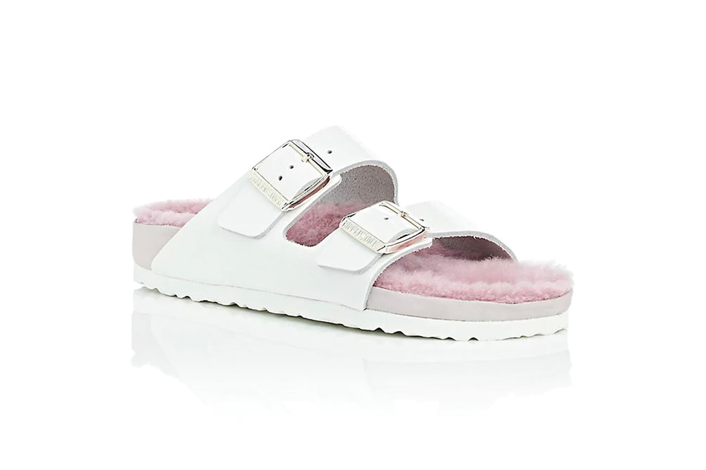 Barneys New York Birkenstock Arizona Fur Patent Leather Double Buckle Sandals Pastel Pink White Millennial Exclusive Price Release Where to Buy Furry