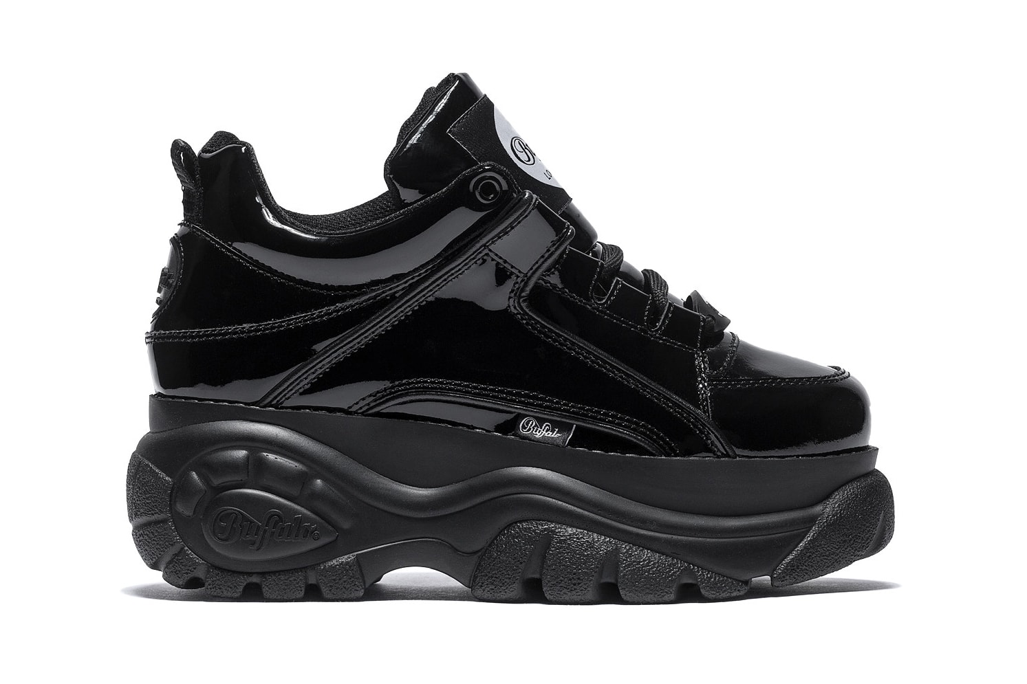 Buffalo London Platform Sneakers Shiny Patent Black 90s spice girls where to buy HBX
