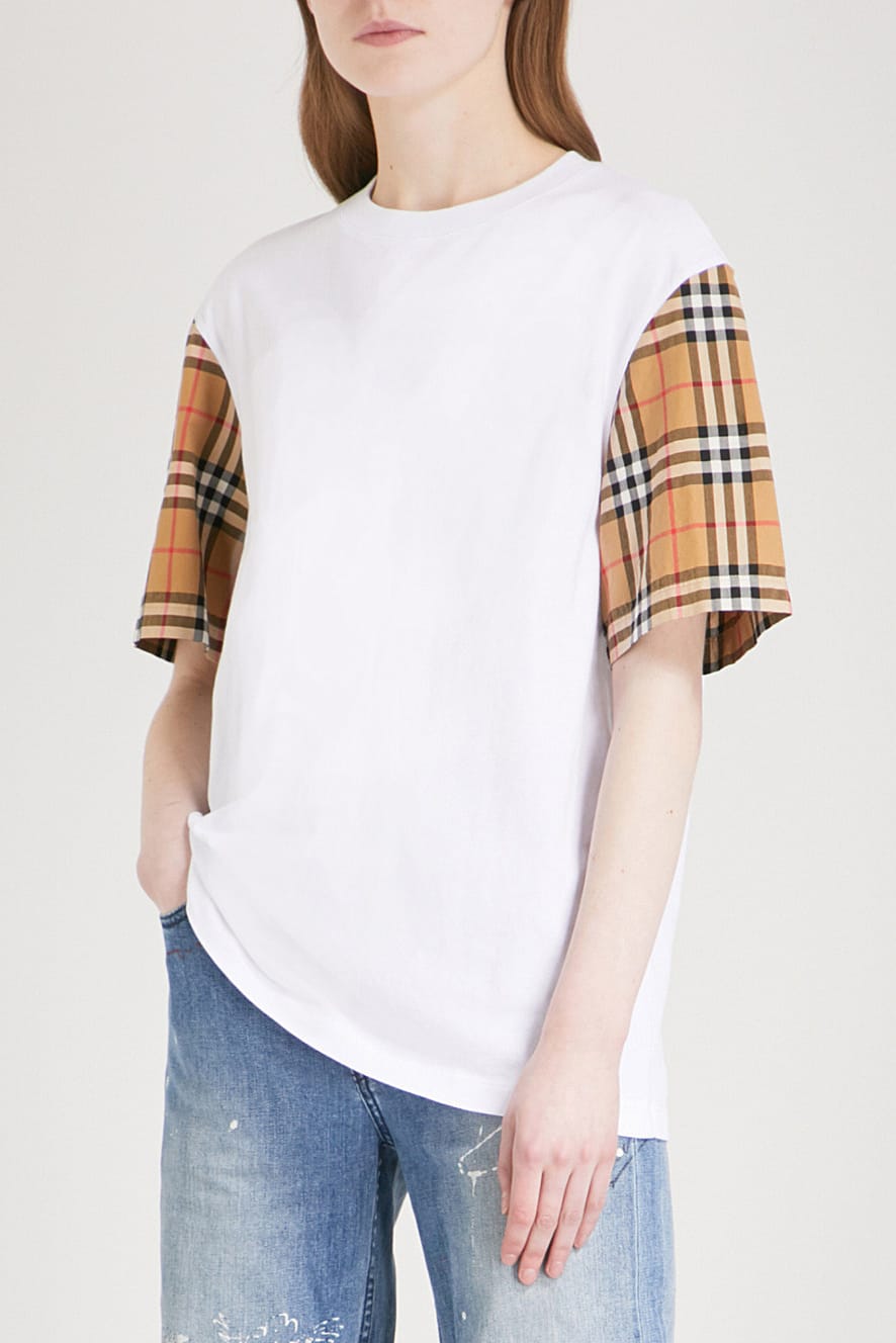 Burberry Plaid Checked-Sleeve White T 