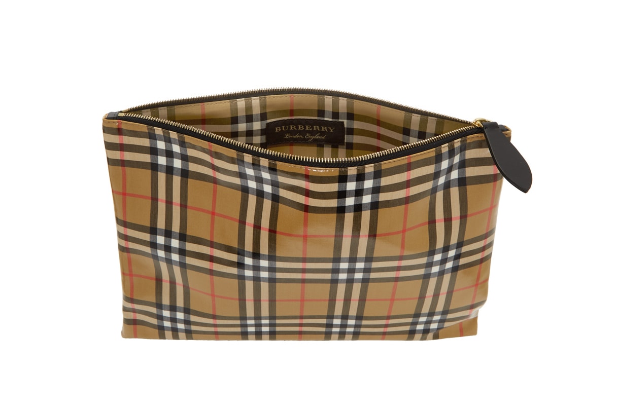 Burberry Coated Leather Signature Check Pouch Nova Check Heritage Check Pattern Beige Red White Black