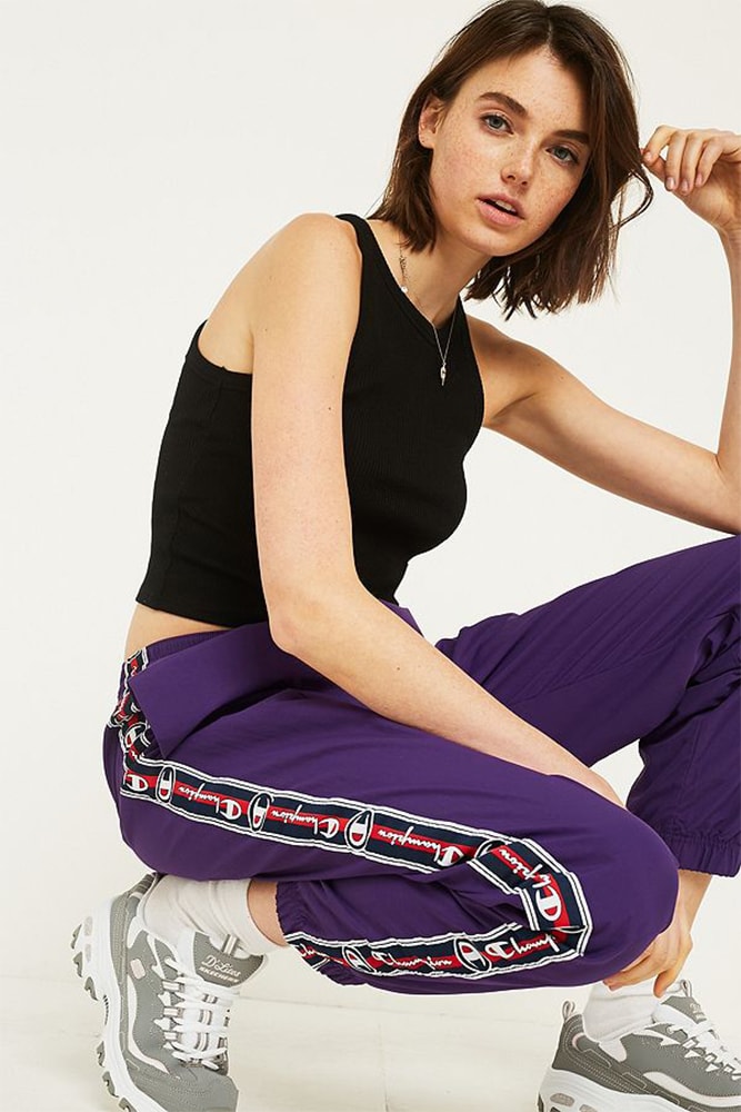 Champion Purple Logo Taped 90s Track Pants Retro Women's Athleisure Where to Buy urban outfitters