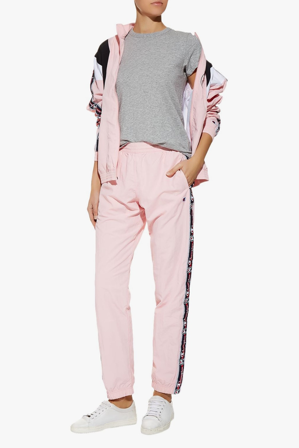 Champion Millennial Pastel Pink Logo-Tape Track Pants  Logo '90s Sweatpants tracksuit bottoms Where to Buy