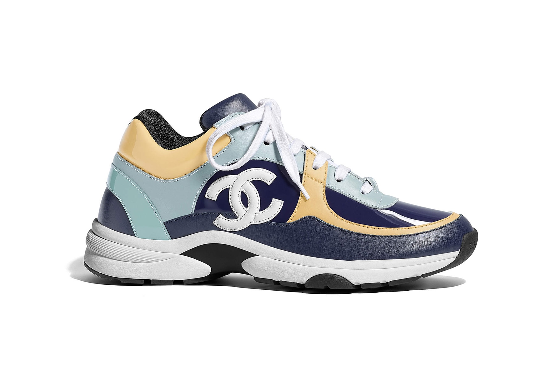 Chanel Spring Summer 2018 Sneaker Collection Colorways Release Price Where to Buy Blue Yellow Black White Low Trainer Karl Lagerfeld Double C Logo