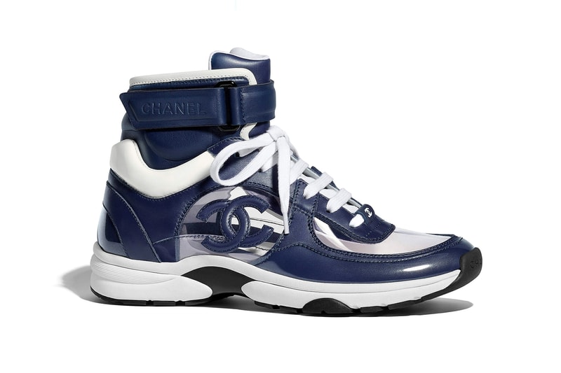 Chanel Spring Summer 2018 Sneaker Collection Colorways Release Price Where to Buy Blue PVC Clear Plastic Black White High Top Trainer Karl Lagerfeld Double C Logo