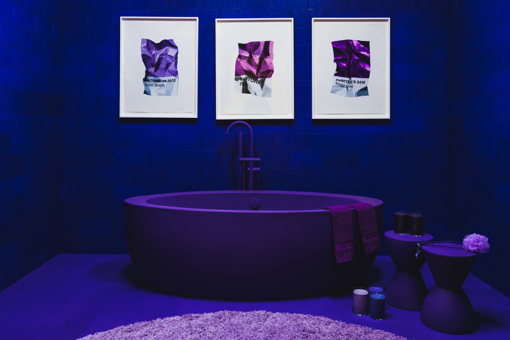 CJ Hendry Monochrome Greenpoint Brooklyn Exhibit Purple Bathroom