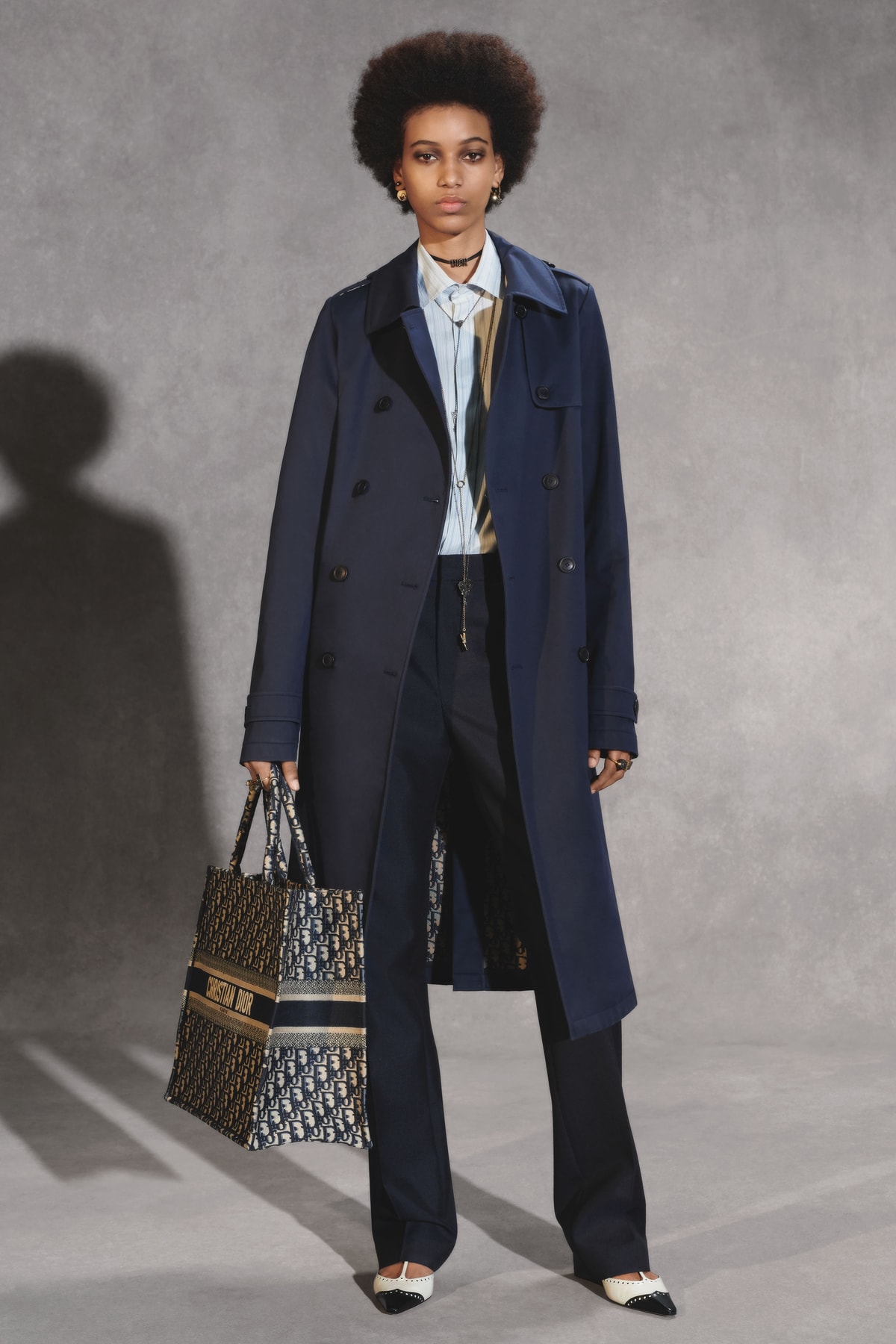 Dior Fall 2018 Collection Lookbook Raincoat Pants Collared Shirt Embroidered Book Tote Blue Tan