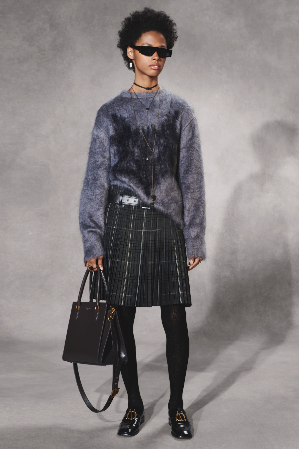 Dior Fall 2018 Collection Lookbook Sweater Plaid Skirt Leather Handbag Blue Navy Black