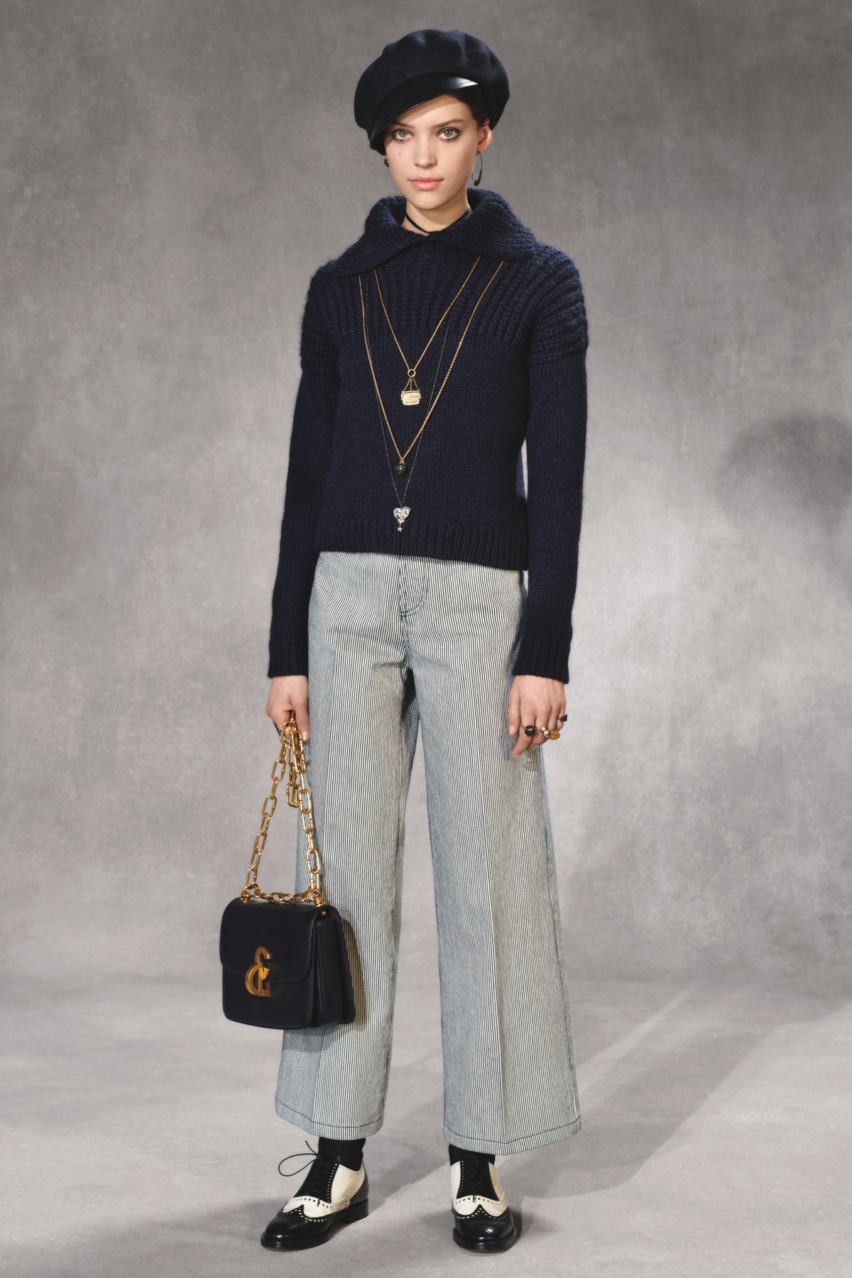 Dior Fall 2018 Collection Lookbook Sweater Pants Handbag Blue Striped Black Gold