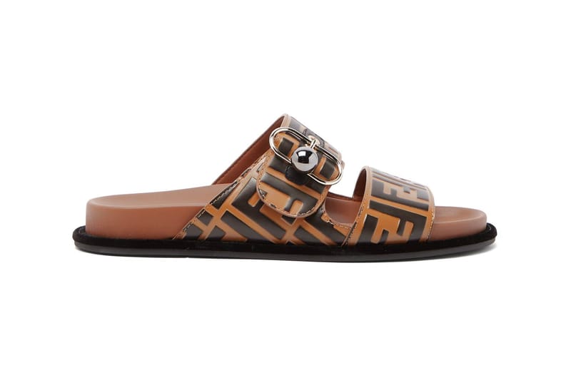 Logo Leather Slides in Brown 