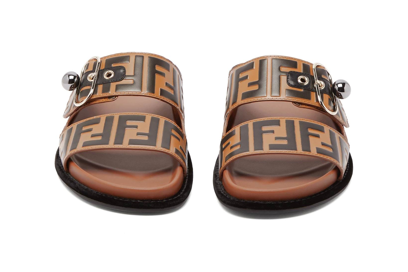 Logo Leather Slides in Brown 