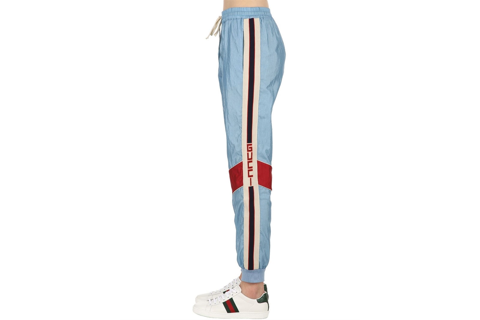 Gucci Logo Stripe Retro Sky Pastel Light Blue Nylon Track Pants Vintage Sportswear Women's Where to Buy Luisaviaroma