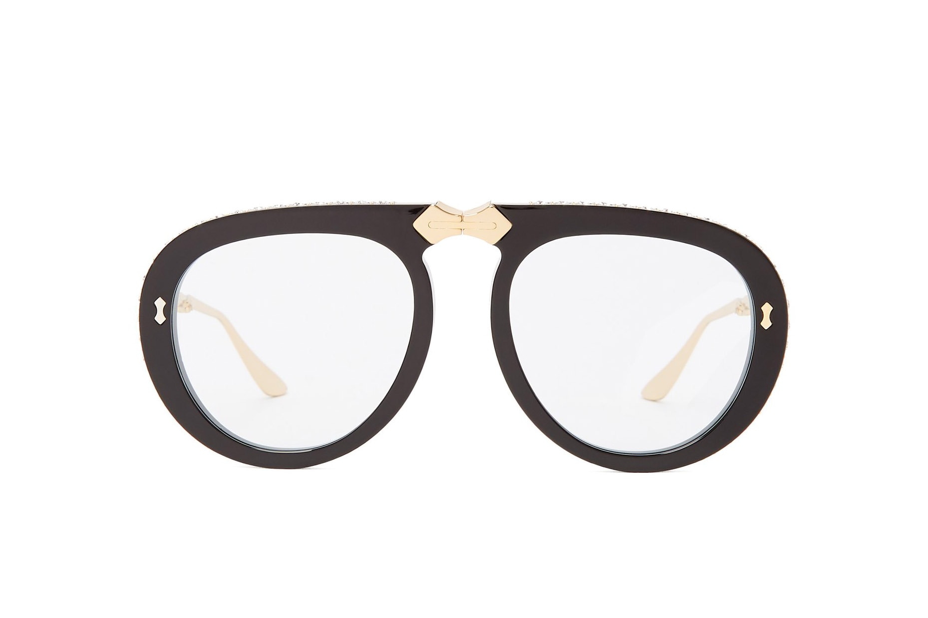 Gucci Foldable Round-Frame Embellished Sunglasses Black Crystal Gold Tone Hardware Statement Eyewear Shades