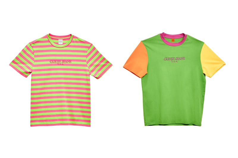 green and pink striped guess shirt