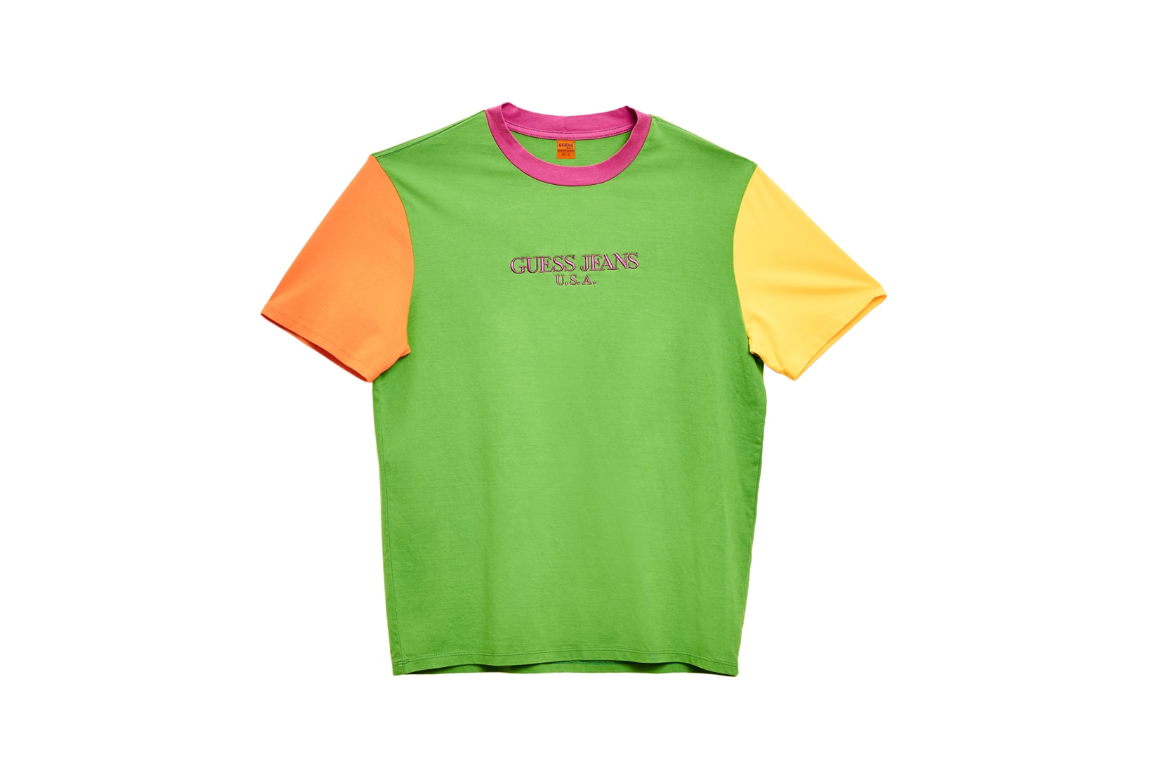 GUESS Jeans U.S.A. Farmers Market Capsule Collection Colorblocked T-Shirt Green Pink Yellow