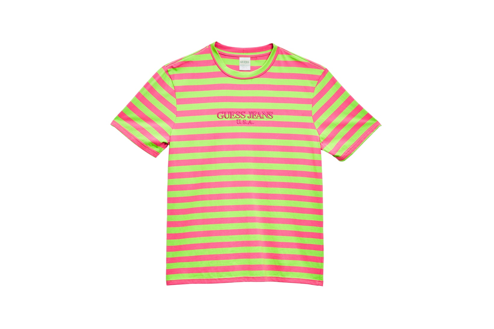 GUESS Jeans U.S.A. Farmers Market Capsule Collection Striped T-Shirt Green Pink