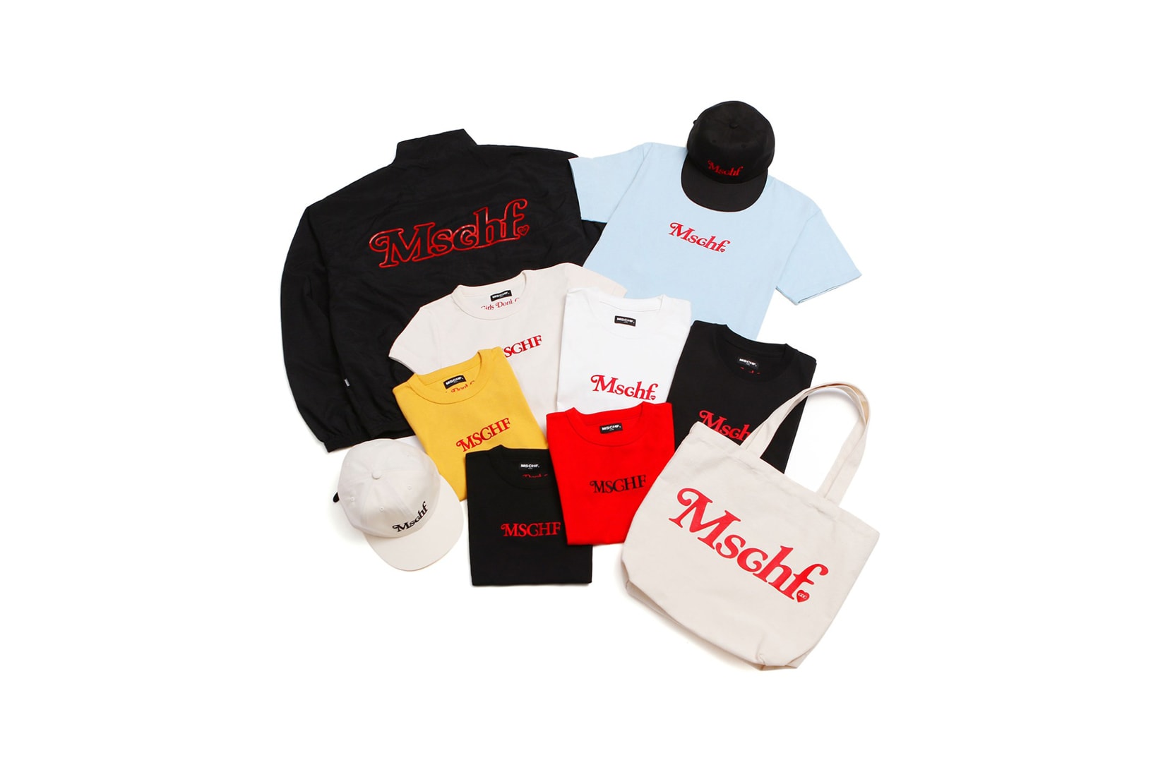 MISCHIEF Tokyo Pop-Up T-Shirts Windbreaker Jacket Tote Hats Black White Yellow Tan Blue Red