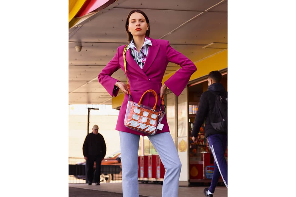 Off-White Tailored Crepe Blazer Dress Floral and Striped Cotton Shirt Heron Preston Collaboration Mini Tote Pink White Orange Clear