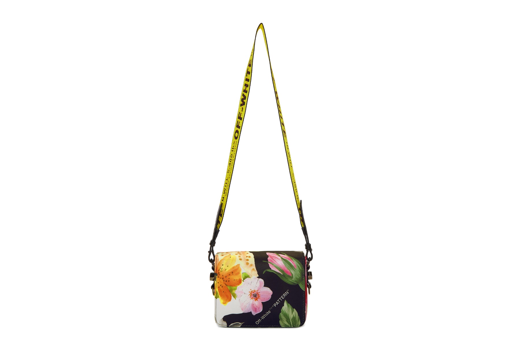 off white virgil abloh floral binder clip bag satin leather industrial strap yellow black