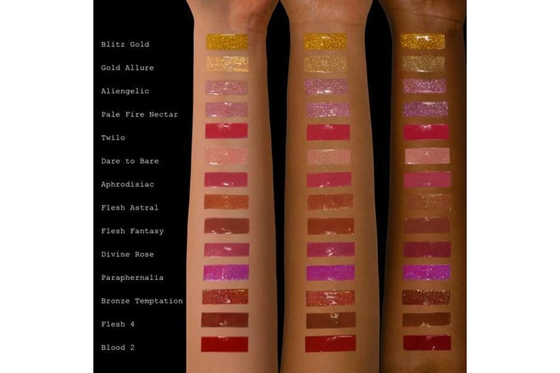 Pat McGrath Labs LUST Lip Gloss Blitz Gold Gold Allure Aliengelic Pale Fire Nectar Twilo Dare To Bare Aphrodisiac Flesh Astral Flesh Fantasy Divine Rose Paraphernalia Bronze Temptation Flesh 4 Blood 2 Swatch