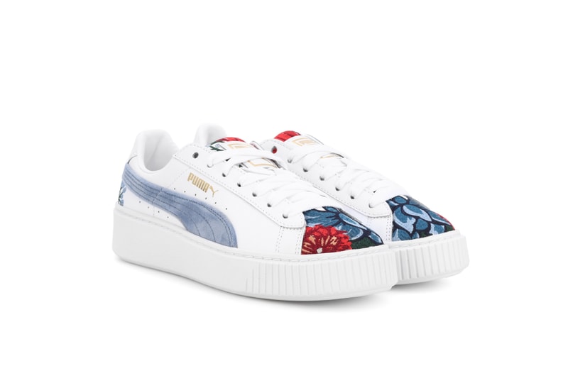 PUMA Basket Heart Platform Embroidery Sneakers Floral Print Black White