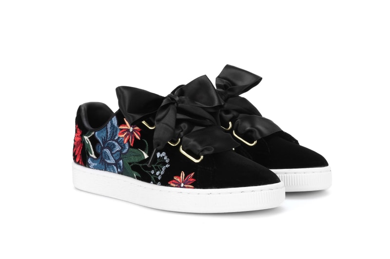 PUMA Basket Heart Platform Embroidery Sneakers Floral Print Black White