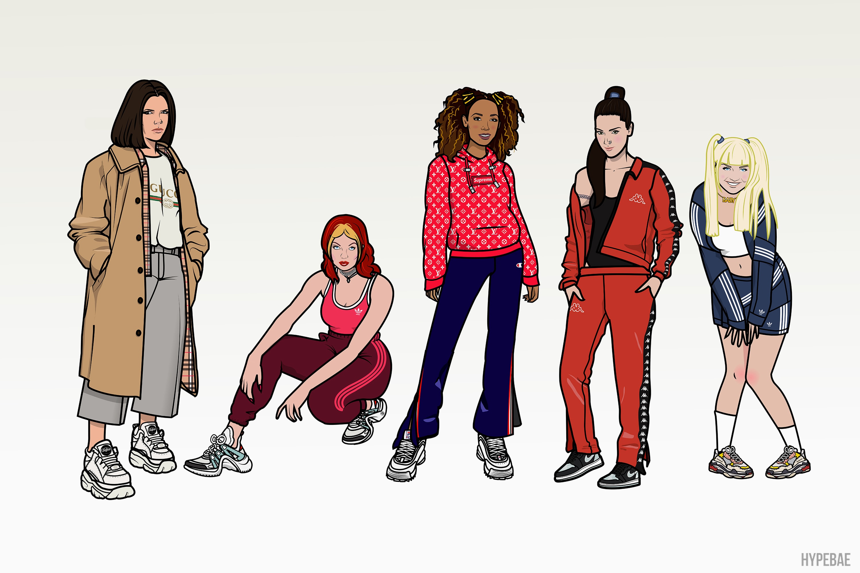 Spice Girls Streetwear Illustrations Nike adidas Originals Balenciaga Fila Gucci Louis Vuitton Victoria Beckham Mel C Mel B Geri Halliwell Emma Bunton