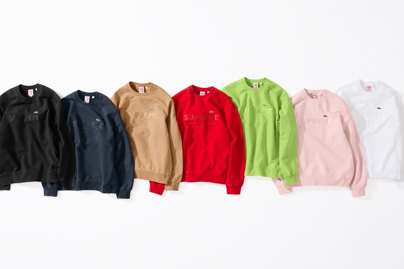 Supreme x Lacoste Spring 2018 collection collaboration release info collab date varsity jacket sweatshirt shorts nylon track jacket side bag waist fanny pack bumbag