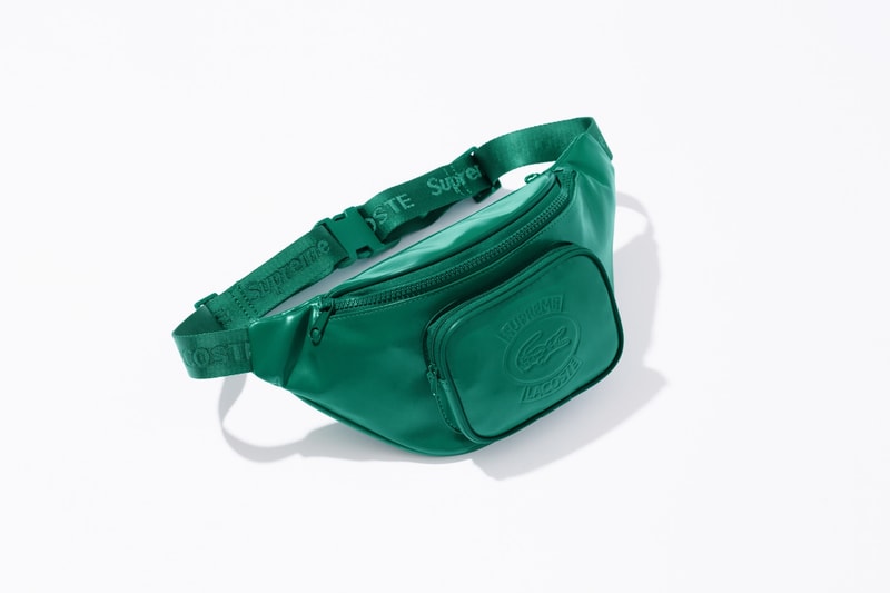 Supreme x Lacoste Spring 2018 collection collaboration release info collab date varsity jacket sweatshirt shorts nylon track jacket side bag waist fanny pack bumbag