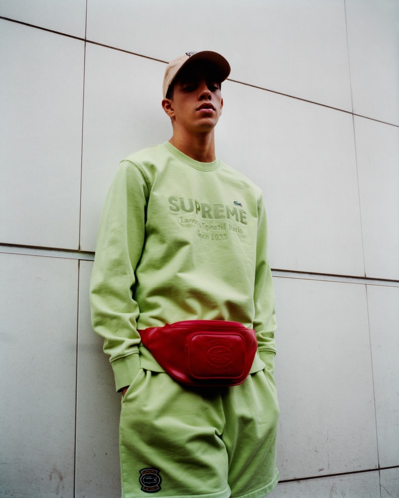 Supreme x Lacoste Spring 2018 collection collaboration release info collab date varsity jacket sweatshirt shorts nylon track jacket side bag waist fanny pack bumbag