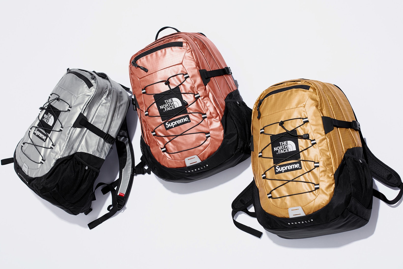 Supreme x The North Face Spring 2018 Metallic Collection Borealis Backpack Gold Rose Silver