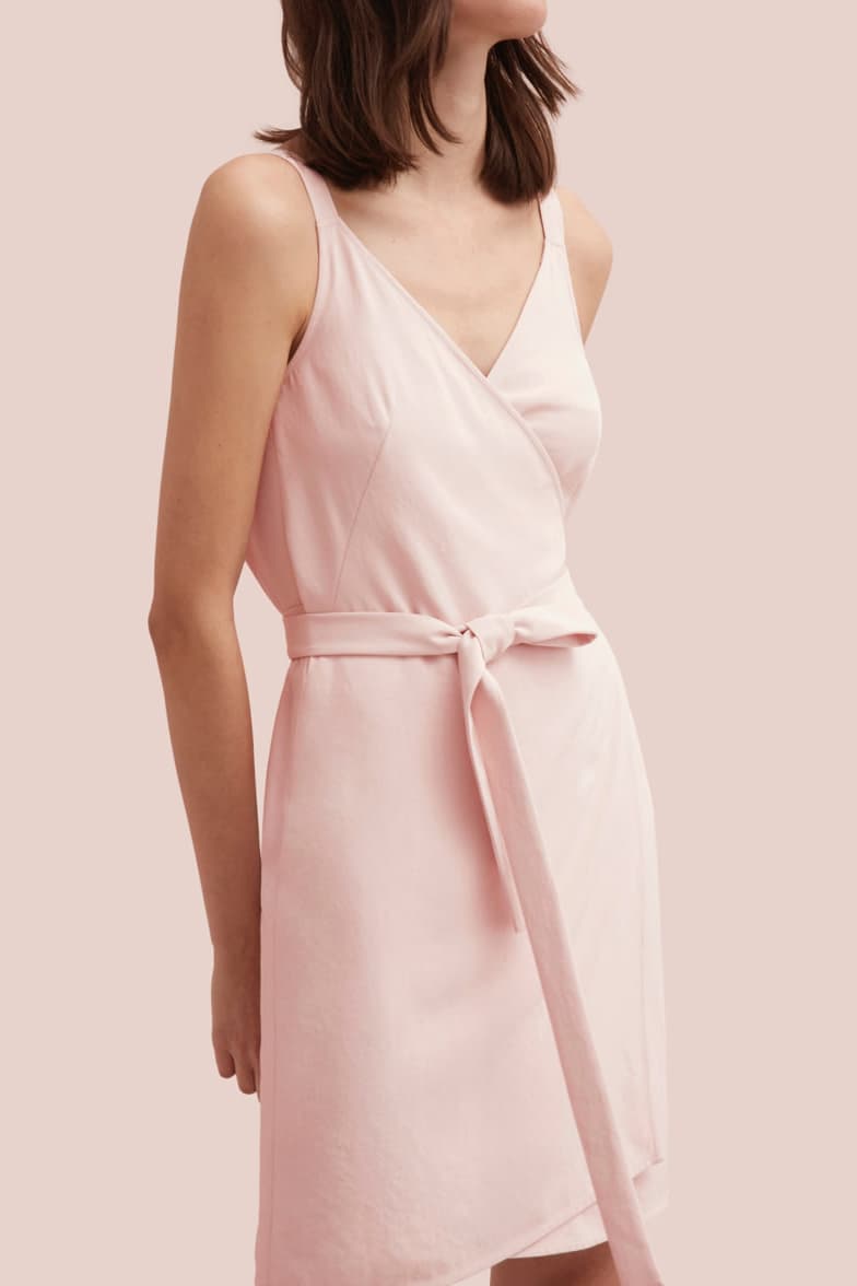 Everlane $100 Wrap Dress Red Yellow Pale Pink Blue
