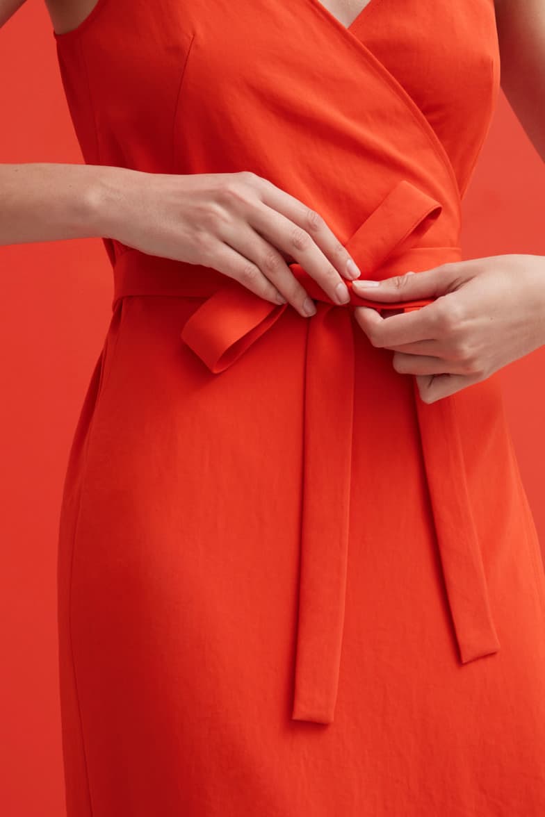 Everlane $100 Wrap Dress Red Yellow Pale Pink Blue