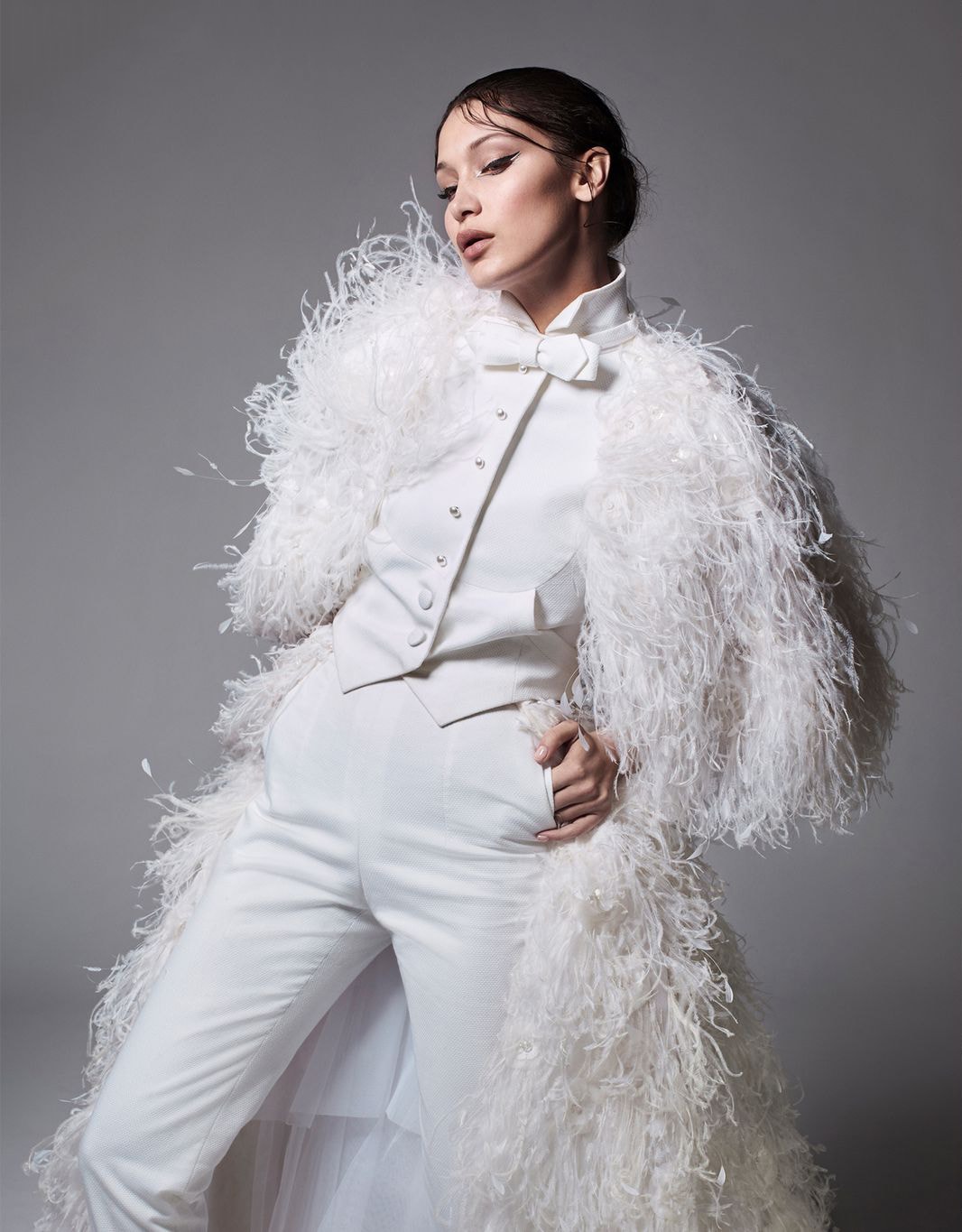 Bella Hadid Harper's Bazaar June July 2018 Chanel Haute Couture White Suit