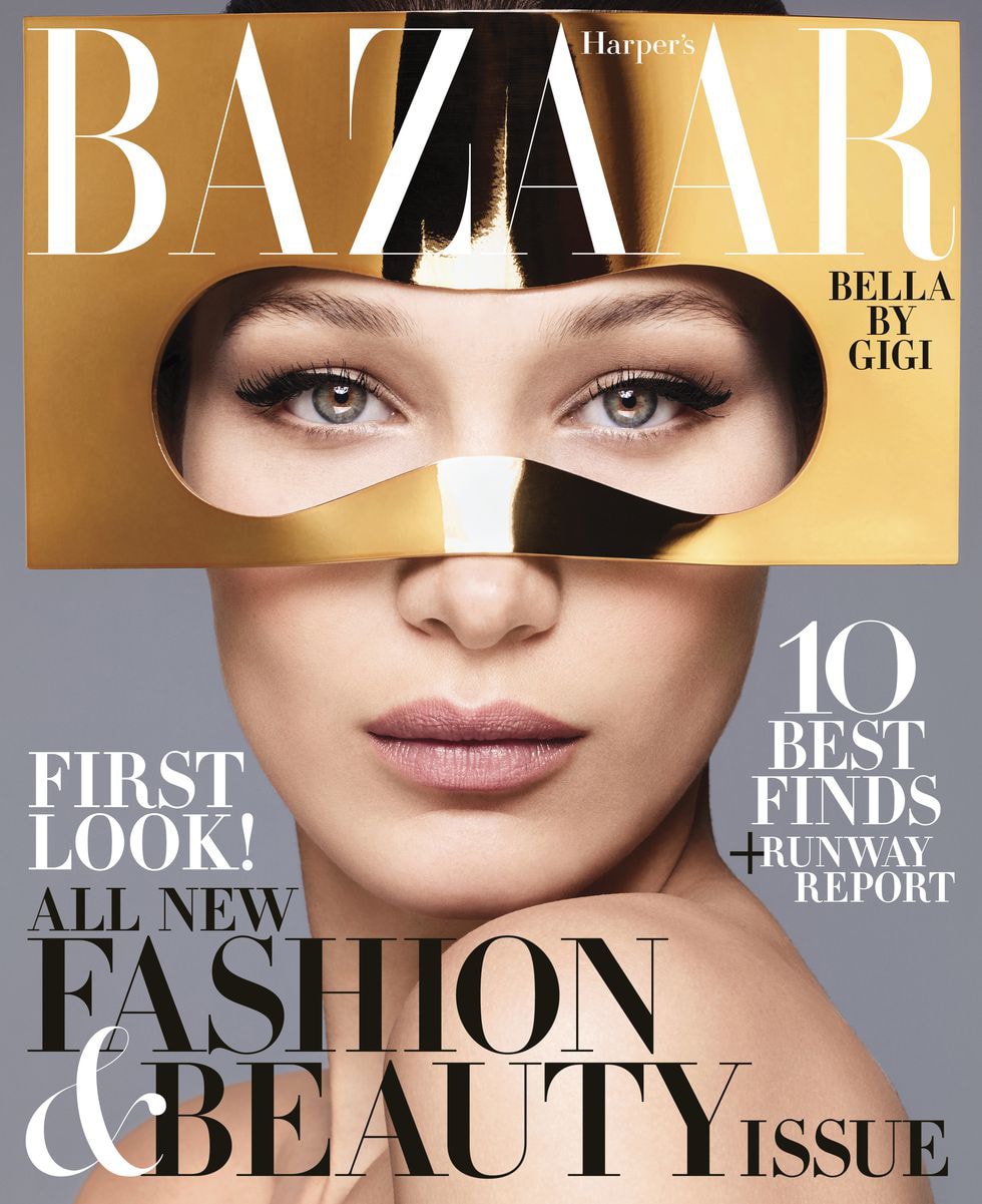 Bella Hadid Harper's Bazaar June July 2018 Dior Haute Couture Mask Gold