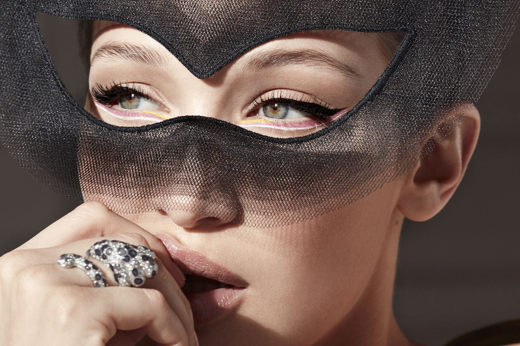 Bella Hadid Harper's Bazaar June July 2018 Dior Haute Couture Mask Makeup Eyeliner
