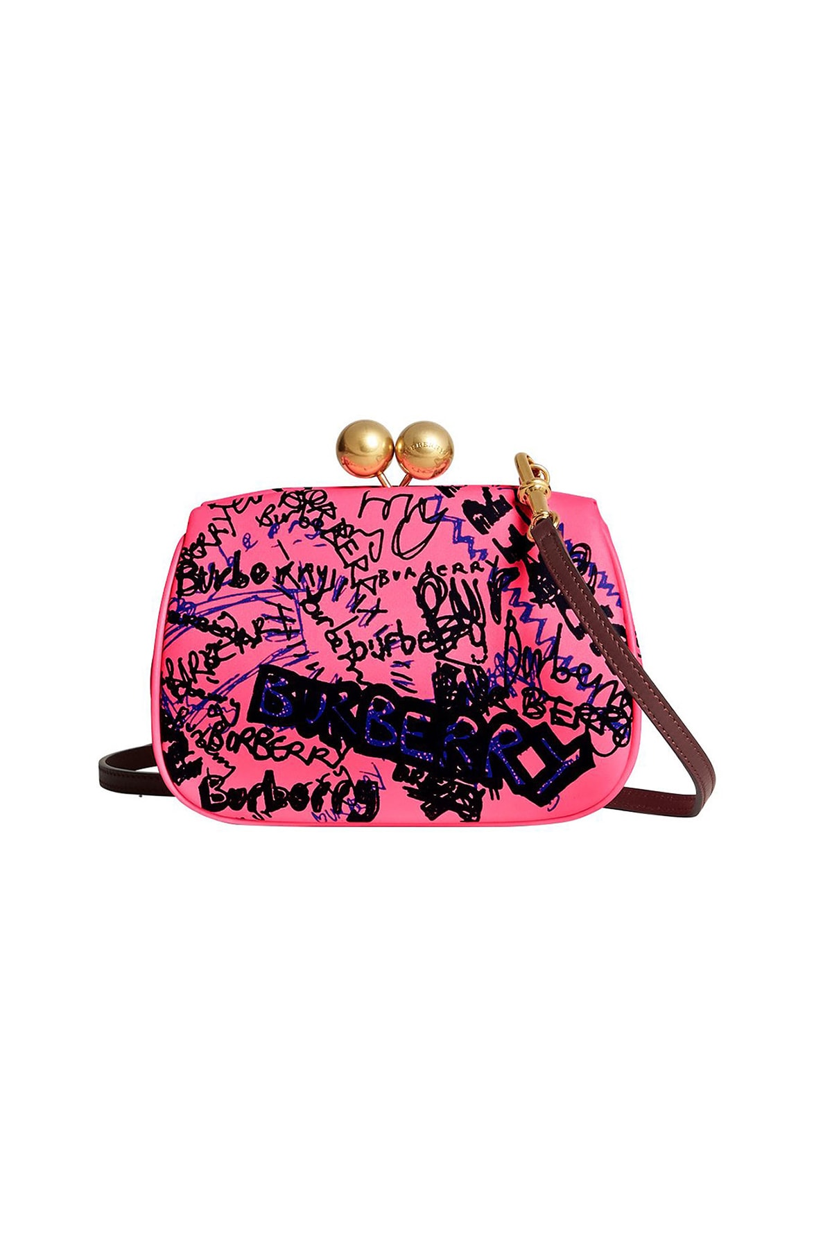 burberry neon pink doodle print clutch bag detachable strap gold hardware