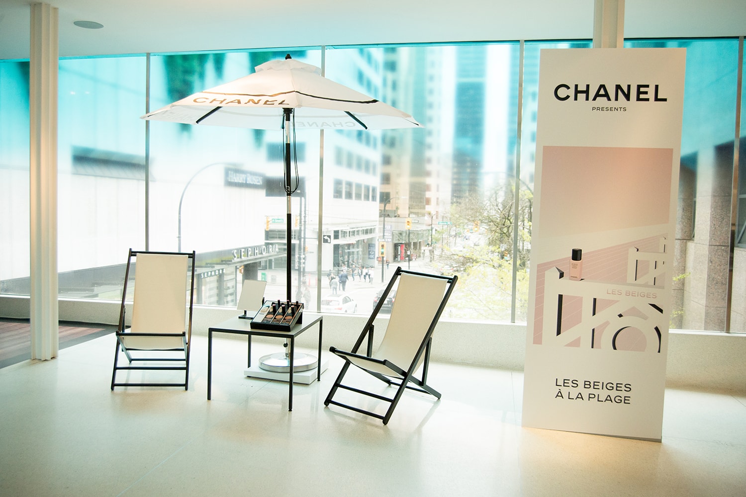 Chanel Beauty Lipsticks LES BEIGES À LA PLAGE Vancouver Pop-Up Store Makeup Holt Renfrew Lounge Chair Umbrella