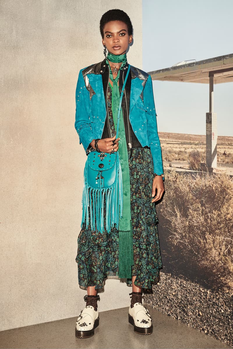 Coach 1941 Resort 2019 Collection Lookbook Floral Dress Suede Jacket Tassel Bag Teal Black