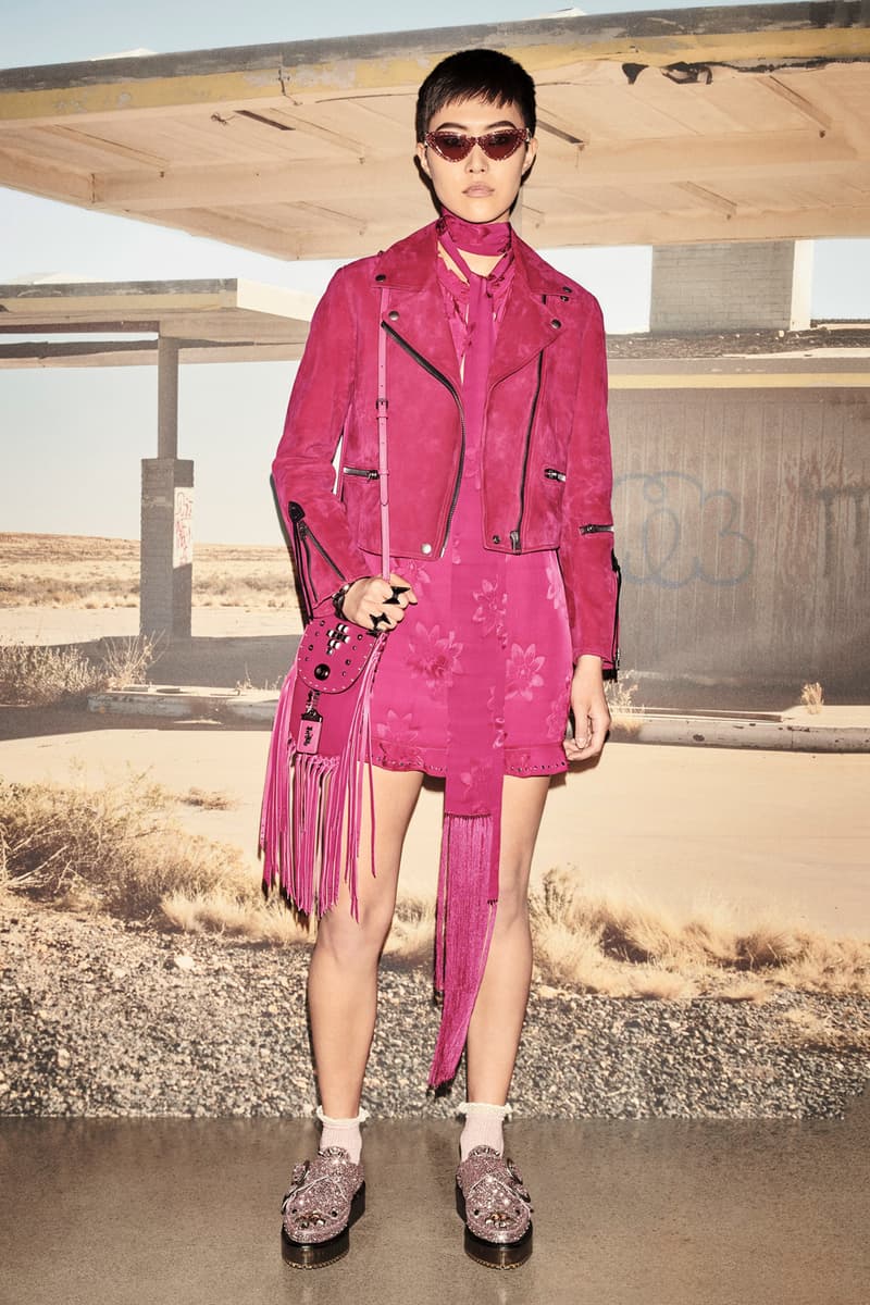 Coach 1941 Resort 2019 Collection Lookbook Suede Jacket Dress Tassel Bag Magenta