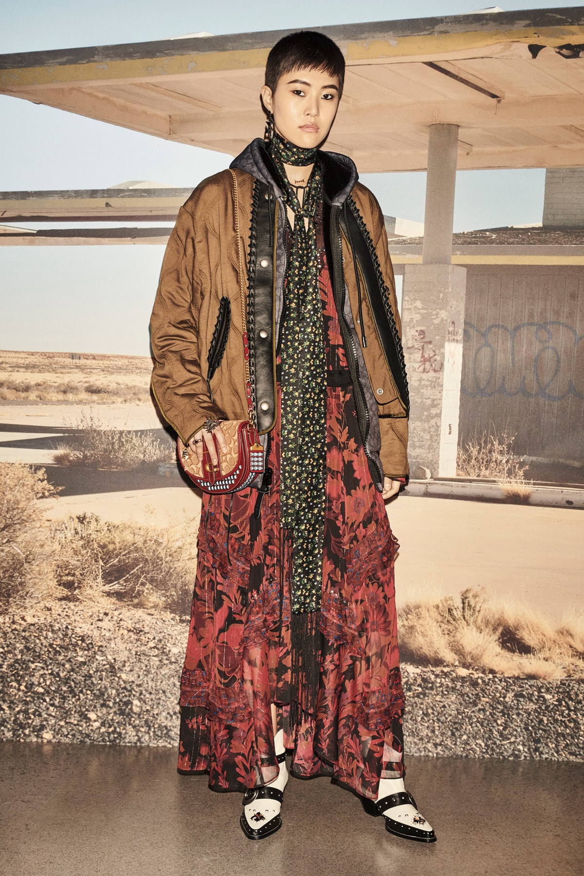 Coach 1941 Resort 2019 Collection Lookbook Floral Dress Military Jacket Red Black Brown