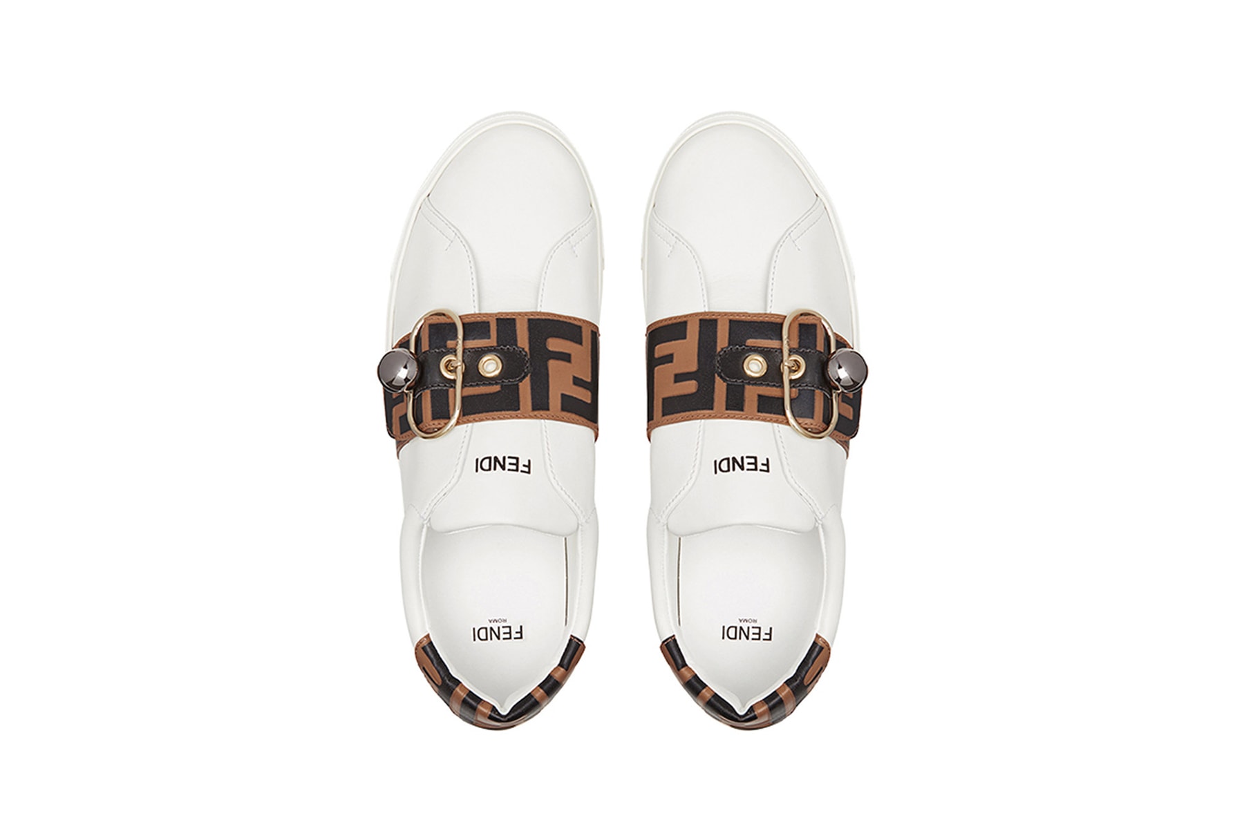 fendi ff band sneakers minimalist leather insole top view white brown black strap