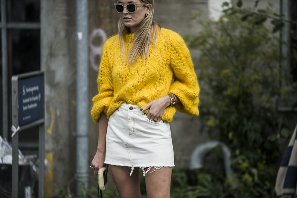 Gen Z Yellow Knit Sweater White Denim Skirt Street Style