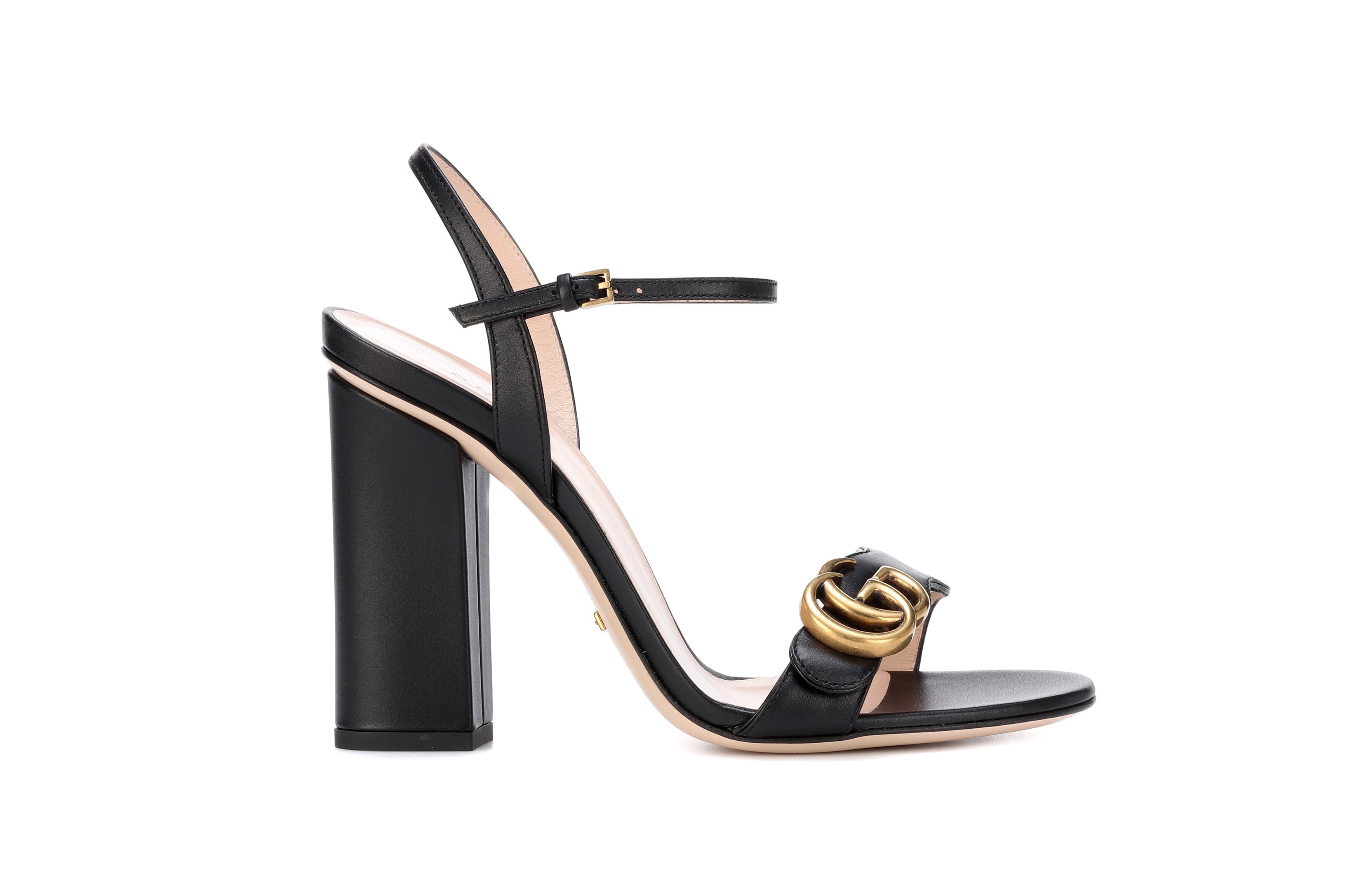 Gucci Black Leather Strap Heel Sandals Logo Gold Embellishment