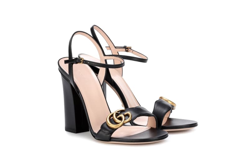 Gucci Black Leather Strap Heel Sandals Logo Gold Embellishment