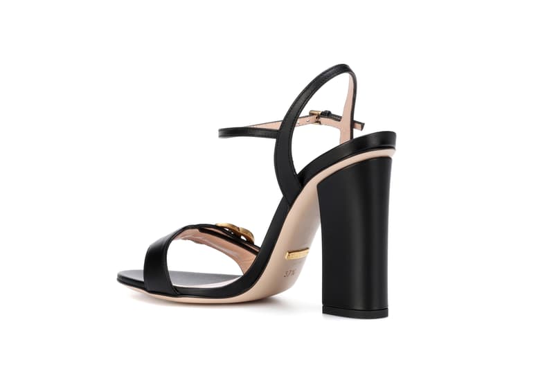 Gucci Black Leather Strap Heel Sandals Logo Gold Embellishment