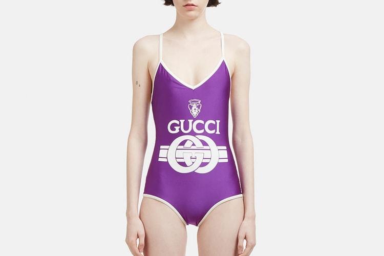 Hit the Pool in Style With Gucci's Purple Retro Logo Swimsuit