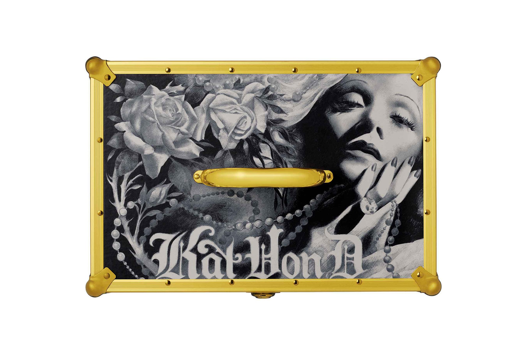 kat von d beauty 10 year anniversary makeup collection gold grey black case trunk drawing portrait tattoo