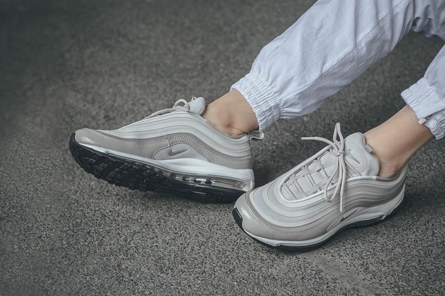 nike air max 97 ultra moon particle leather canvas mesh on foot cement concrete white track pants