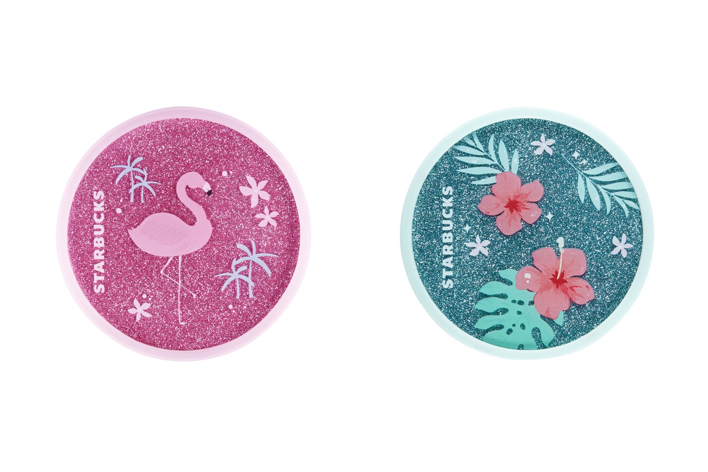 Starbucks Korea Glitter Pink Flamingo and Blue Hibiscus Coaster Summer 2018
