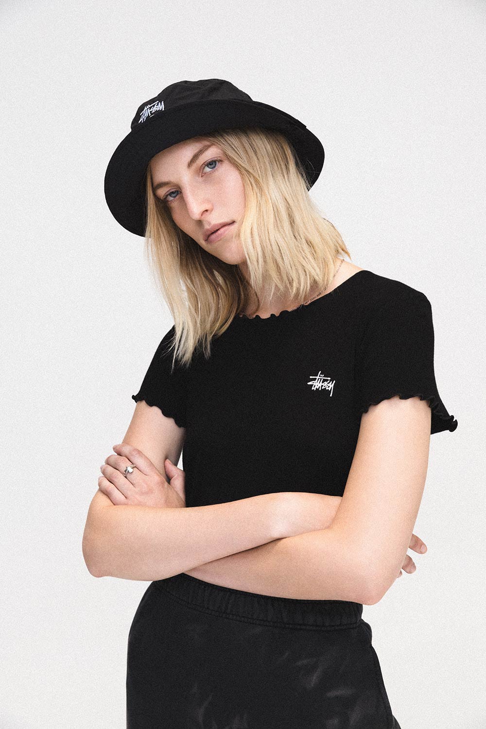 Stussy Women Summer 2018 Lookbook Black Shirt Logo Bucket Hat
